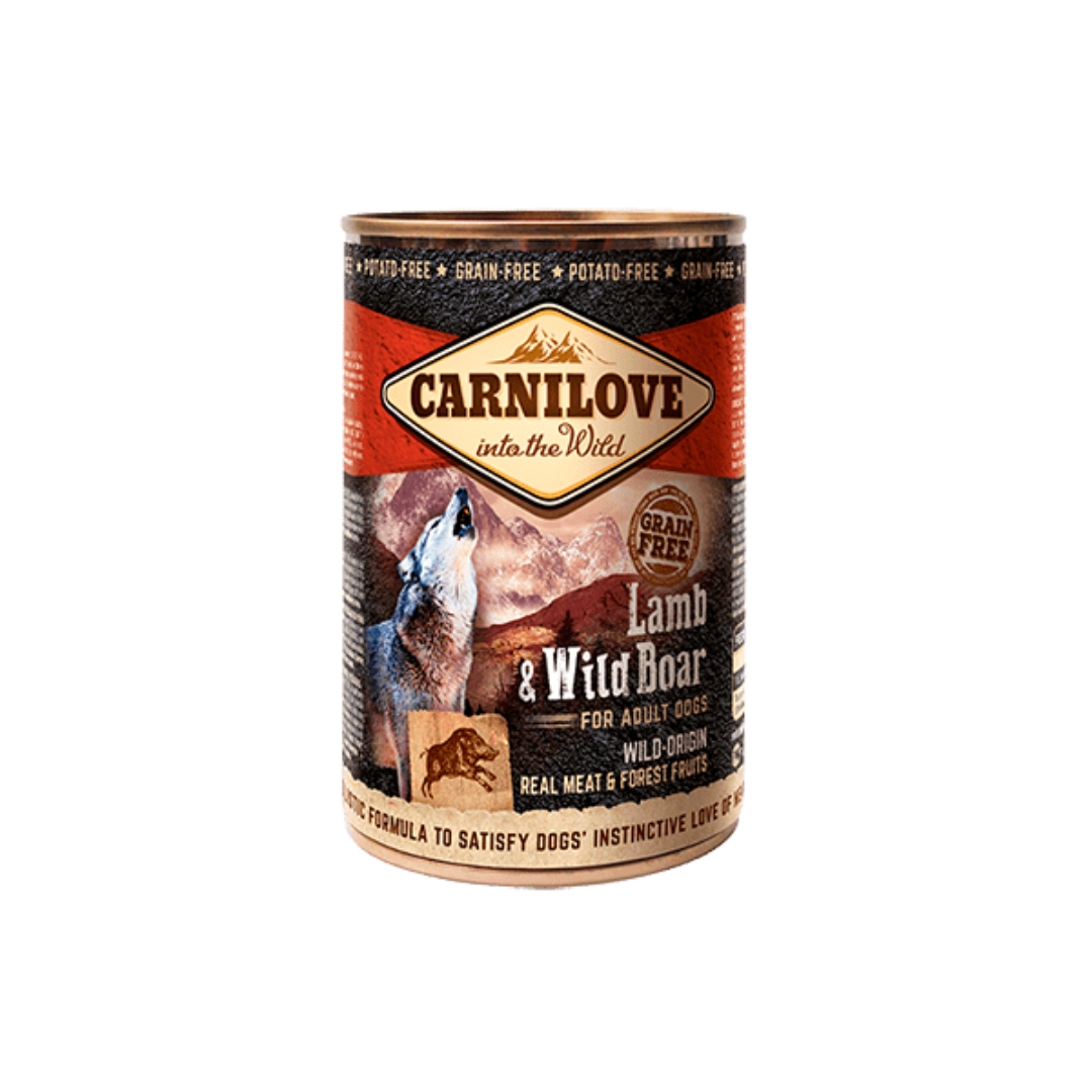 Carnilove Lamb and Wild Boar Wet dog food 400gtin against a white background