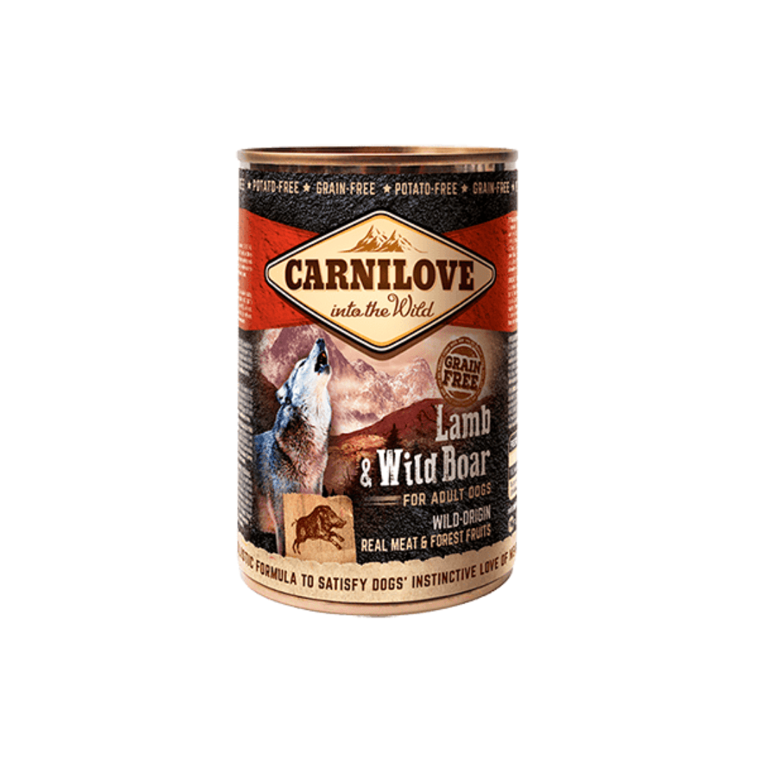 Carnilove Lamb and Wild Boar Wet dog food 400gtin against a white background