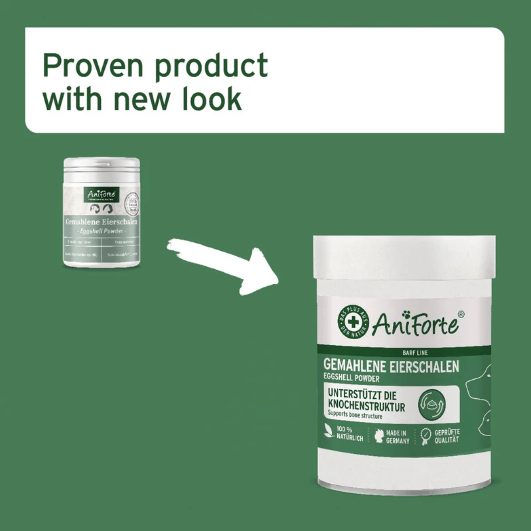 Infographic showing hthe old and new packaging for Aniforte Eggshell powder 100g