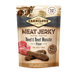 Carnilove Beef & Beef Muscle jerky dog treats. The package is against a white background.