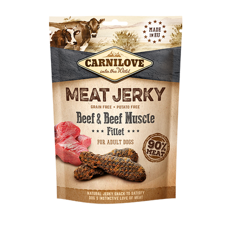 Carnilove Beef & Beef Muscle jerky dog treats. The package is against a white background.