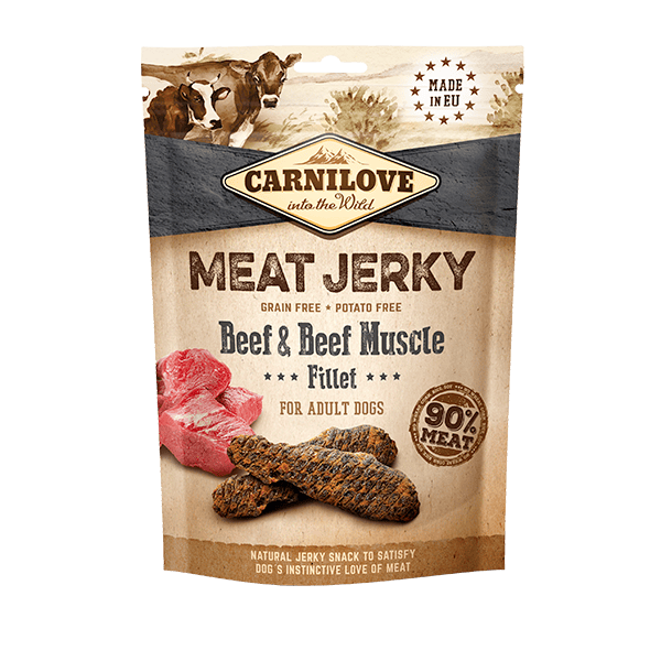 Carnilove Beef & Beef Muscle jerky dog treats. The package is against a white background.