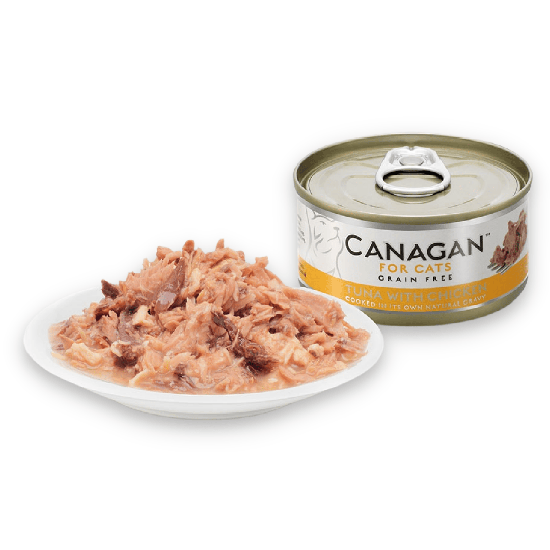 Canagan Tuna with Chicken Cat Tin 75g. It is also served on a plate alongside the tin. Chunky texture