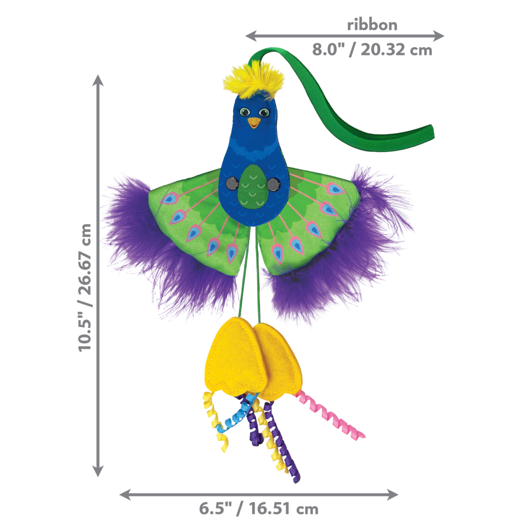 Kong Connects Peacock Cat Toy against a white background. Ribbon length equals 8" the height, 10.5" and the width 6.5".