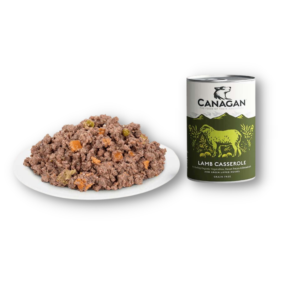Canagan Shepherd's Pie Wet Dog Food 400g tin; beside it the food is served on a plate.