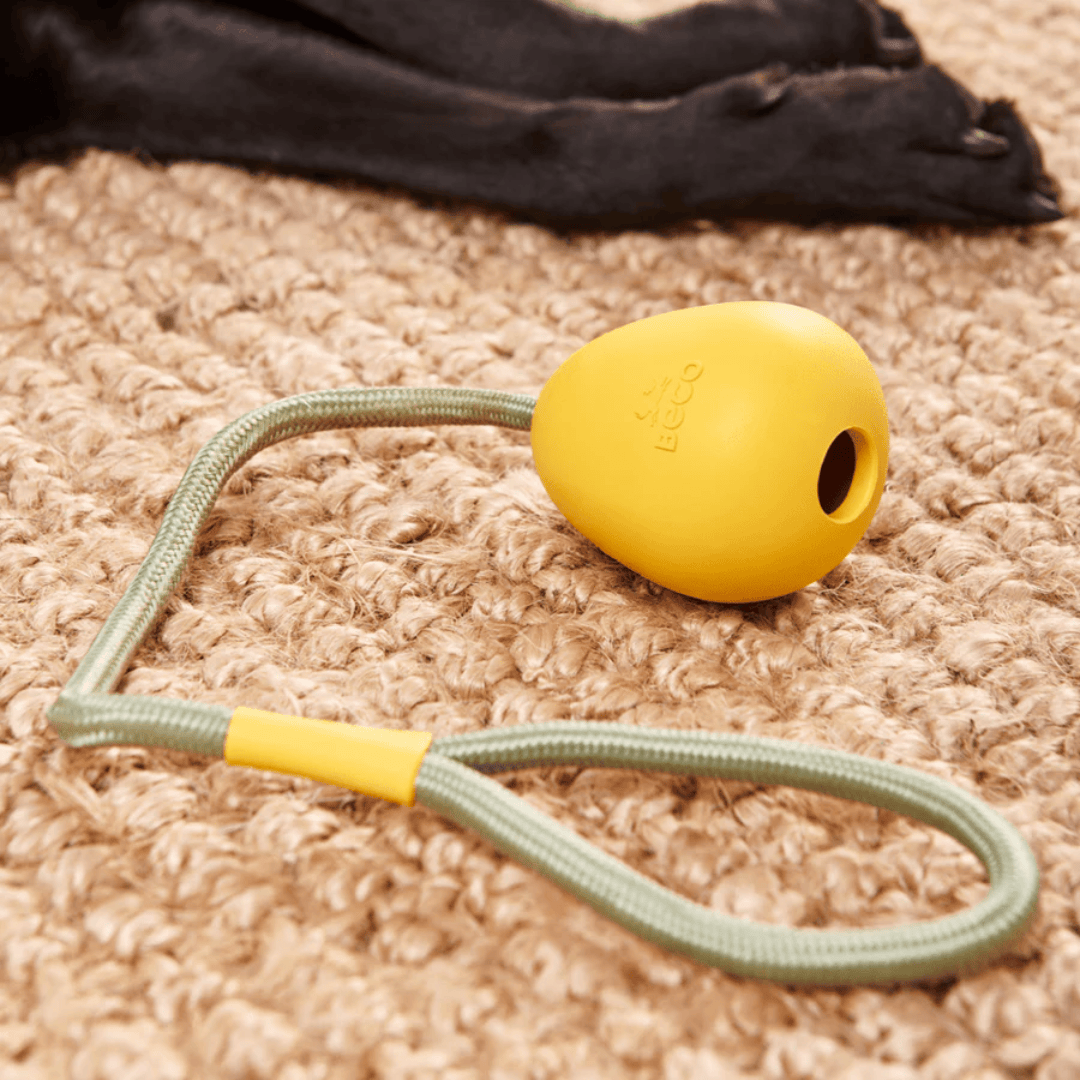 Beco Yellow Rubber Slinger Pebble on a beige carpet with a black dog's paws in frame.