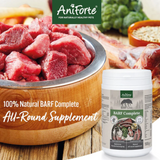 Bowl of Raw meat and a tub of Anifore BARF Complete powder, with the text "100% Natural Barf Complete, All-Round Supplement!