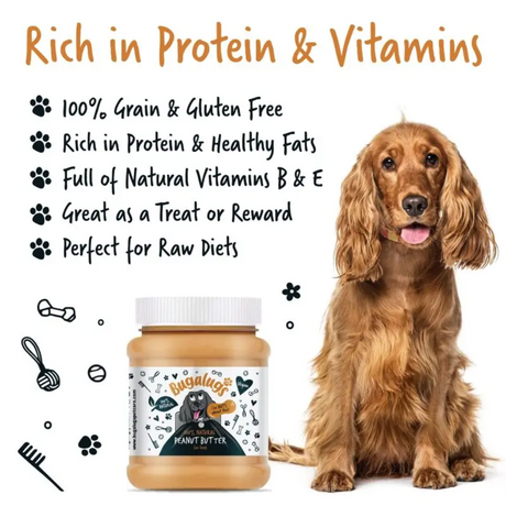 Bugalugs Peanut Butter for Dogs - " Rich in protein and vitamins. 100% Grain and Gluten Free. Rich in Protein and healthy fats. Full of natural vitamins B and E. Great as a treat or reward. Perfect for Raw Diets.