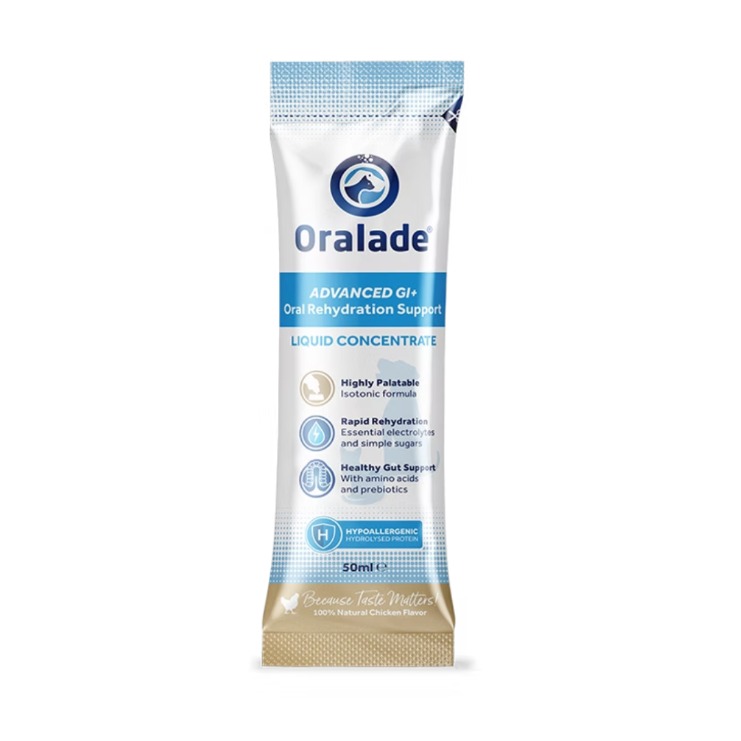 A single sachet of the Oralade Advanced GI+ Liquid Concentrate 50ml.
