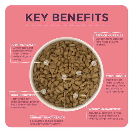 An infographic by Burgess stating the benefits of this cat food. There is a bowl of cat food in the middle of the photo.