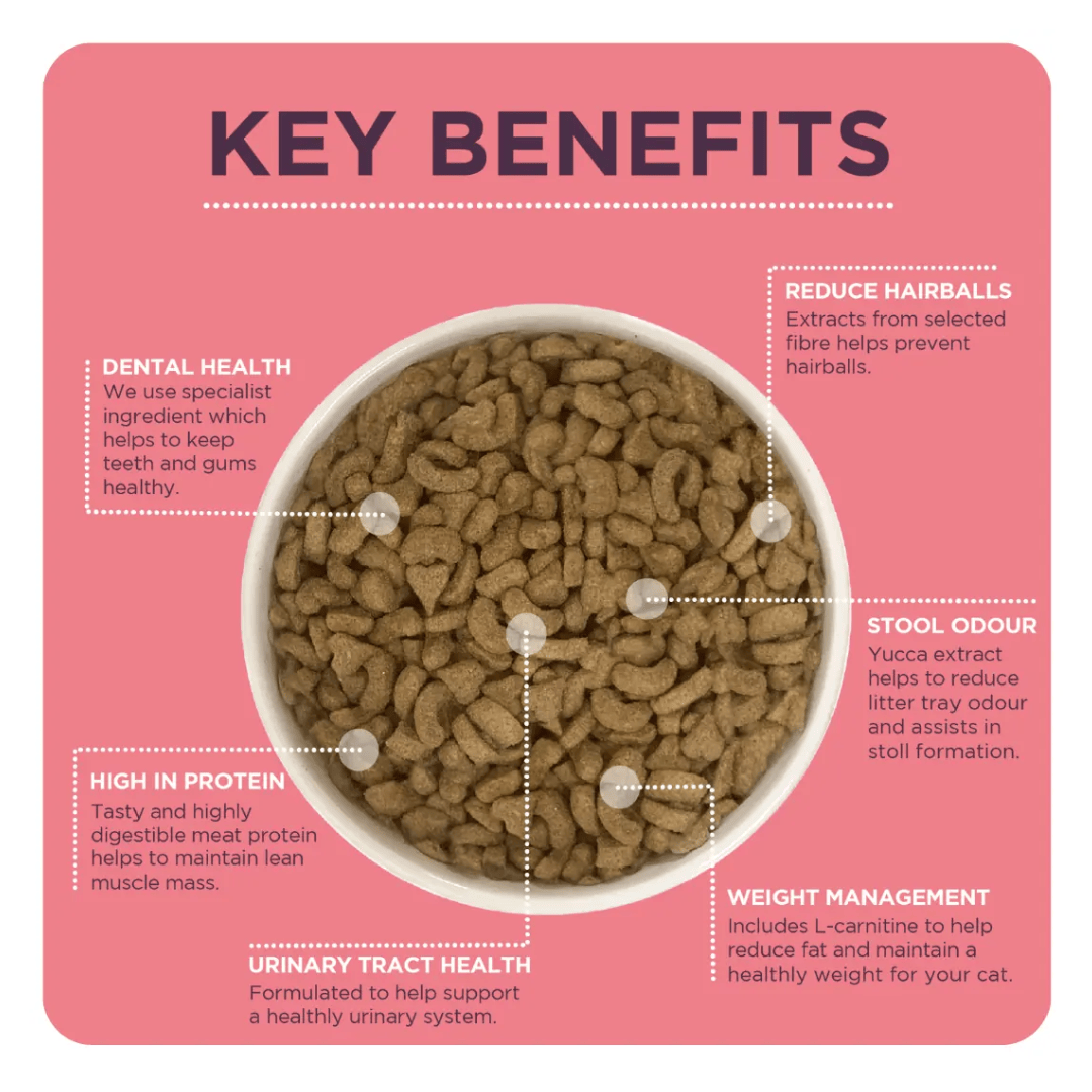 An infographic by Burgess stating the benefits of this cat food. There is a bowl of cat food in the middle of the photo.