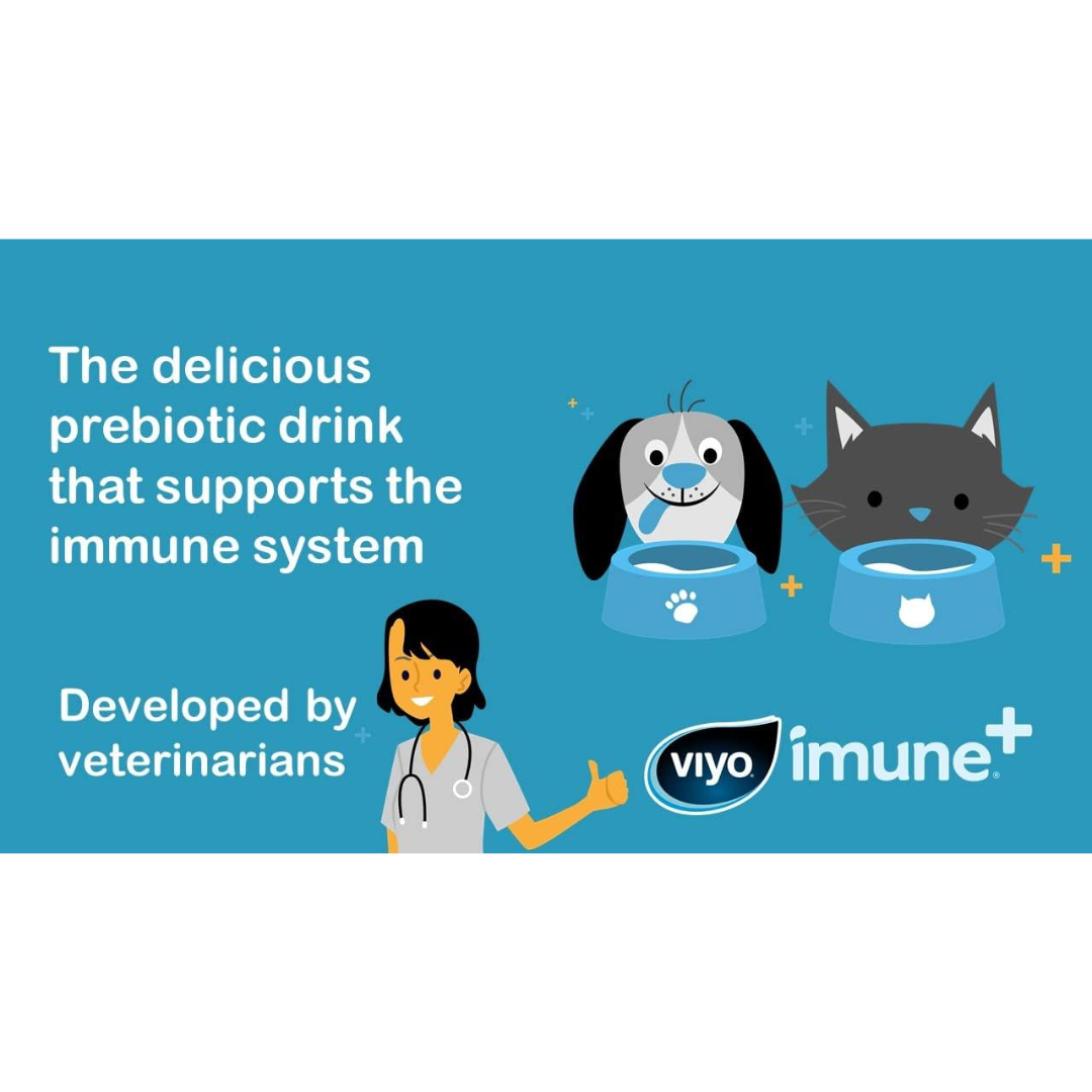 An infographic about Viyo imune+ stating "The delicious prebiotic drink that supports the immune system" and "developed by technology".
There is cartoon picyures of a cat, dog and a vet