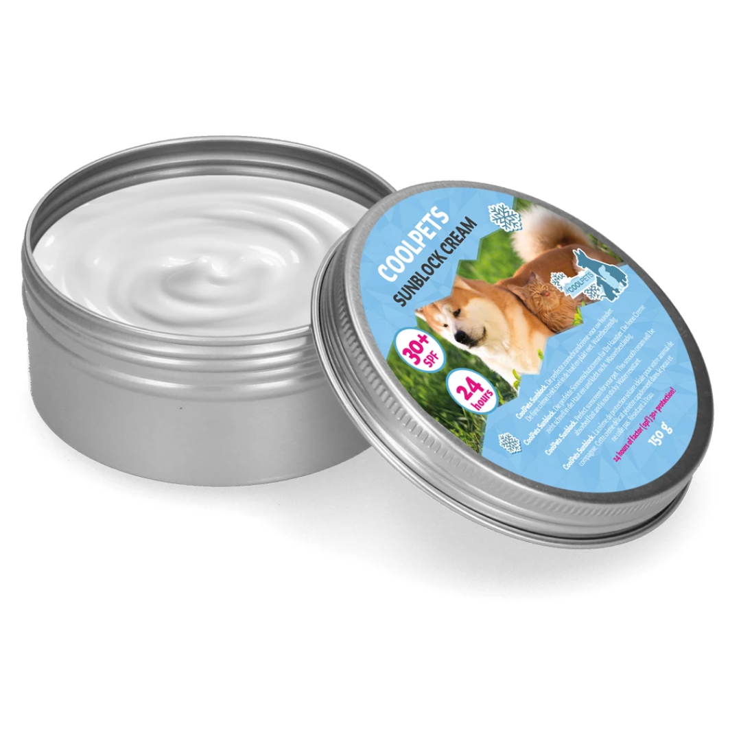 An image of the Sunscreen Cream for Dogs 150g, lid is off and you can see the cream inside.
