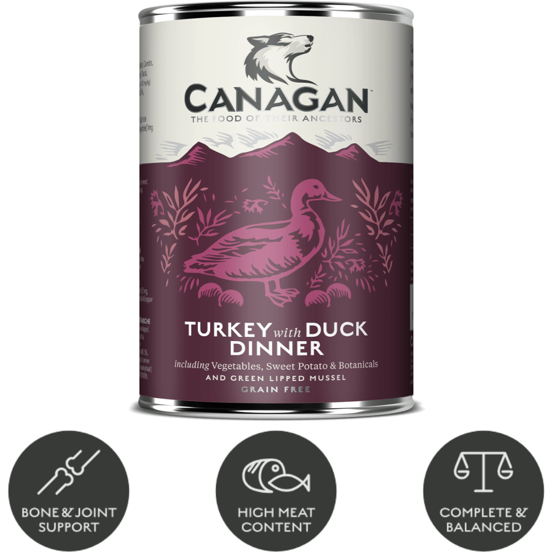 Canagan Turkey with Duck Dinner Wet Food 400g tin. Underneath the key benefits of the food are written in bubbles.