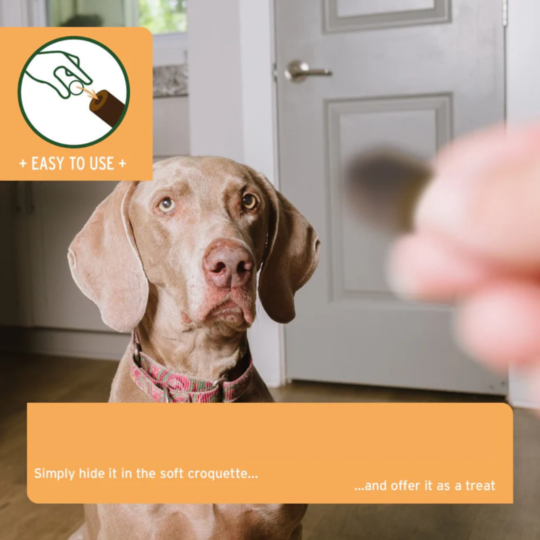 Infographic stating how to and how easy it is to use the Aniforte Hideaway Snack.