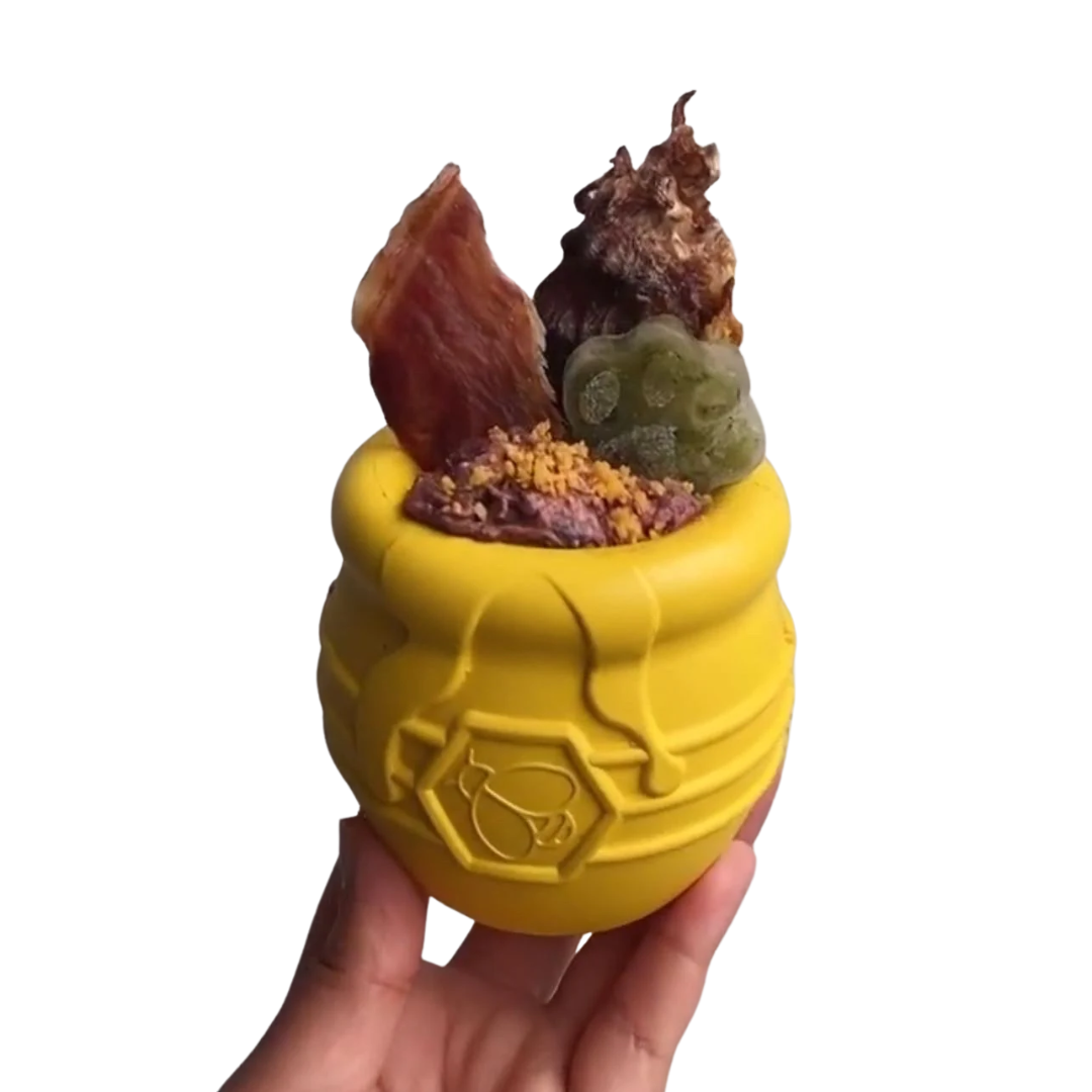 SodaPup Honey Pot filled with an array of food.