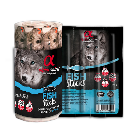 Alpha Spirit Fish Sticks Dog Treats 16 and 4 packs against a white background