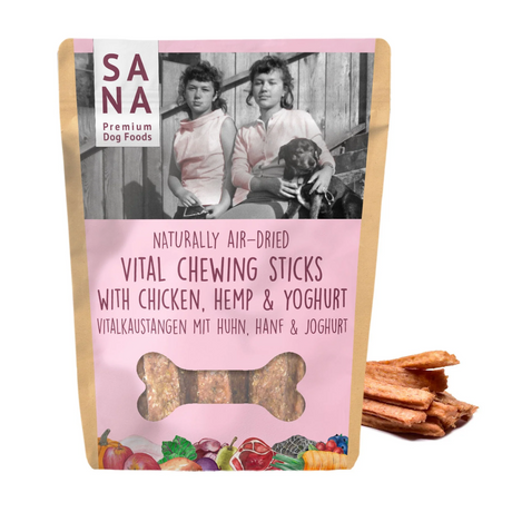 Bag of Sana Vital Chewing Sticks with Chicken, Hemp and Yogurt with loose chews behind it.