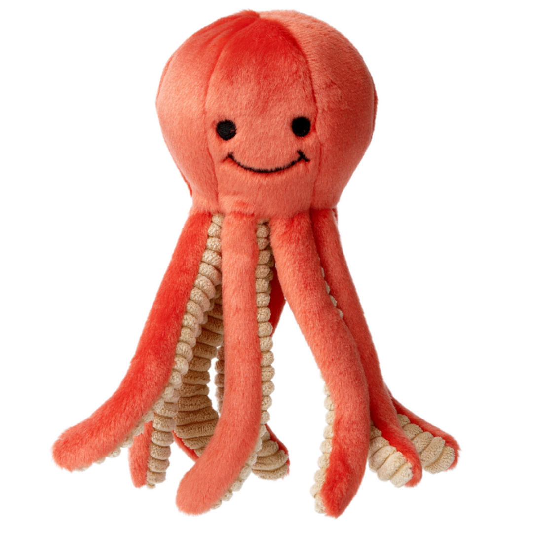 Fluff & Tuff Squirt Octopus Plush Dog Toy against a white background. Toy is a coral colour with a textured beige underside of the tentacles.