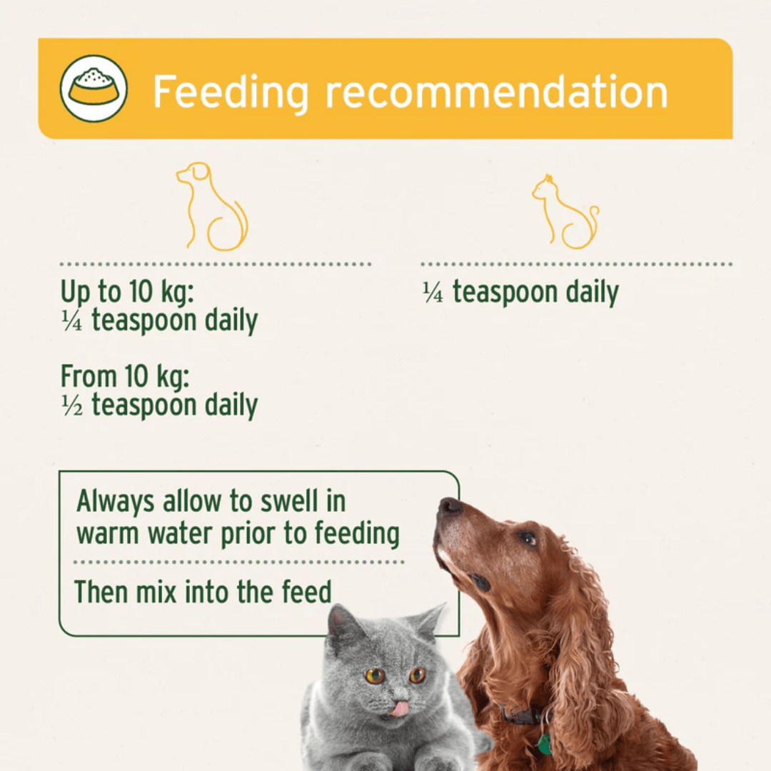The feeding guidelines of the Aniforte Psyllium Husks. Also how to serve - soak and allow to swell before use.