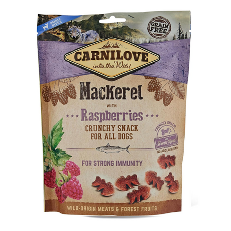 Carnilove Crunchy dog Treats Mackerel with Raspberries. Packaging is against a white background.
