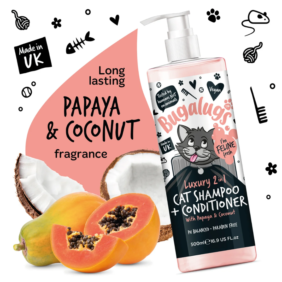 The Bugalugs 2 in 1 Cat Shampoo & Conditioner, a papaya and a coconut. Long lasting papaya and coconut fragrance.