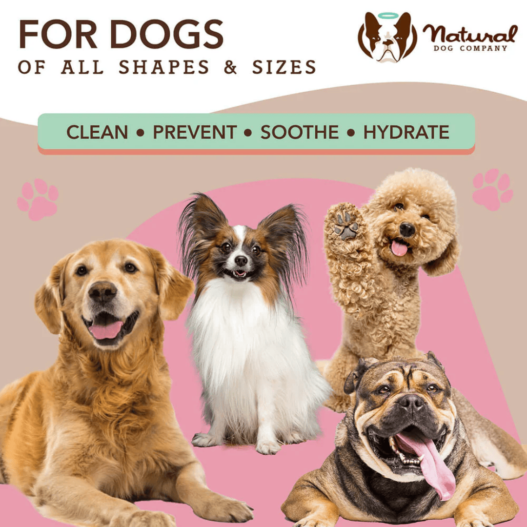 An infographic of the 4 main uses of the Packet of Natural Dog Company Grooming Wipes 'Clean - Prevent - Soothe - Hydrate. It also shows a variety of different breeds stating 'for dogs of all sizes'
