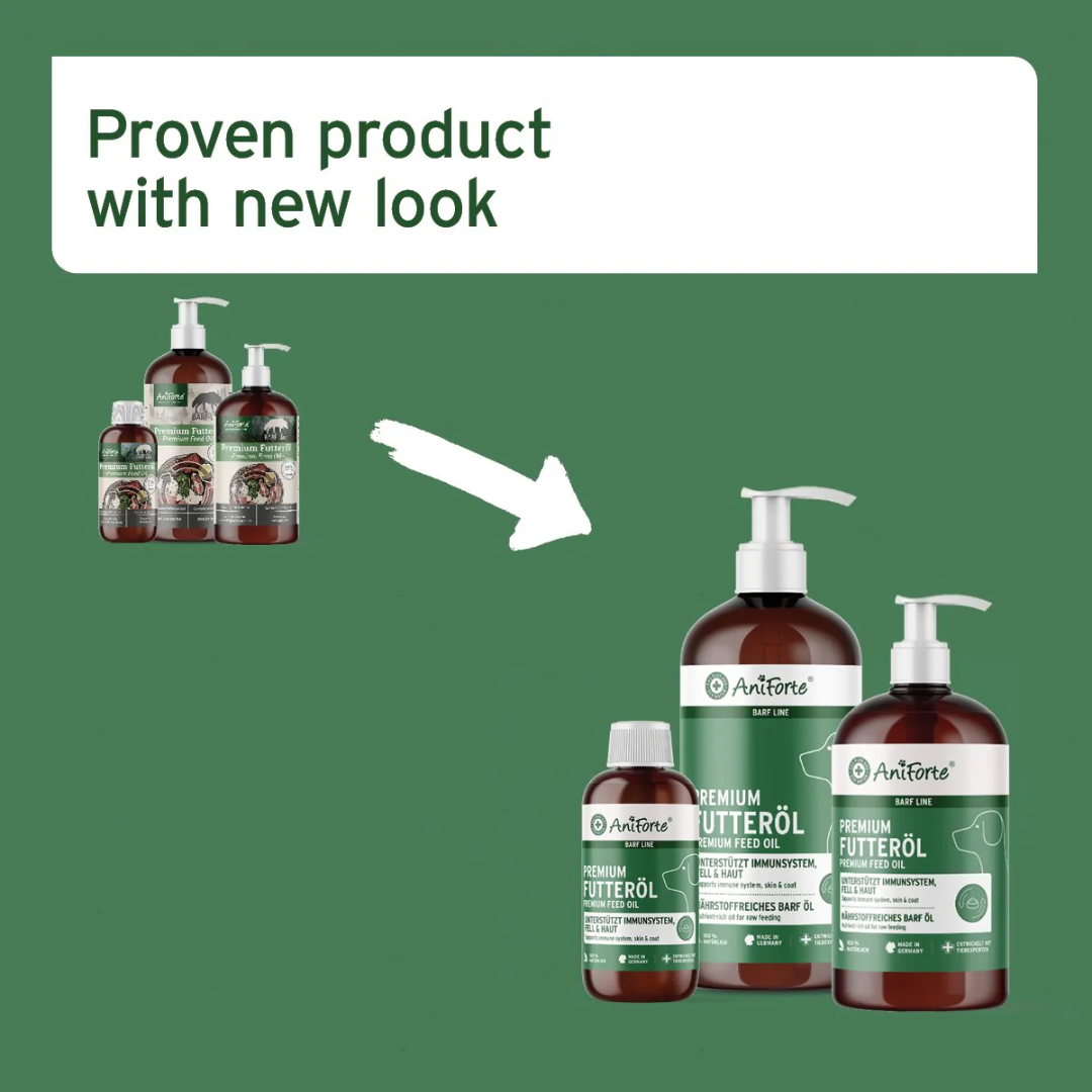 An infographic by Aniforte showing their Premium Feed Oil's old and new packaging. "Proven product with new look" written across the top.
