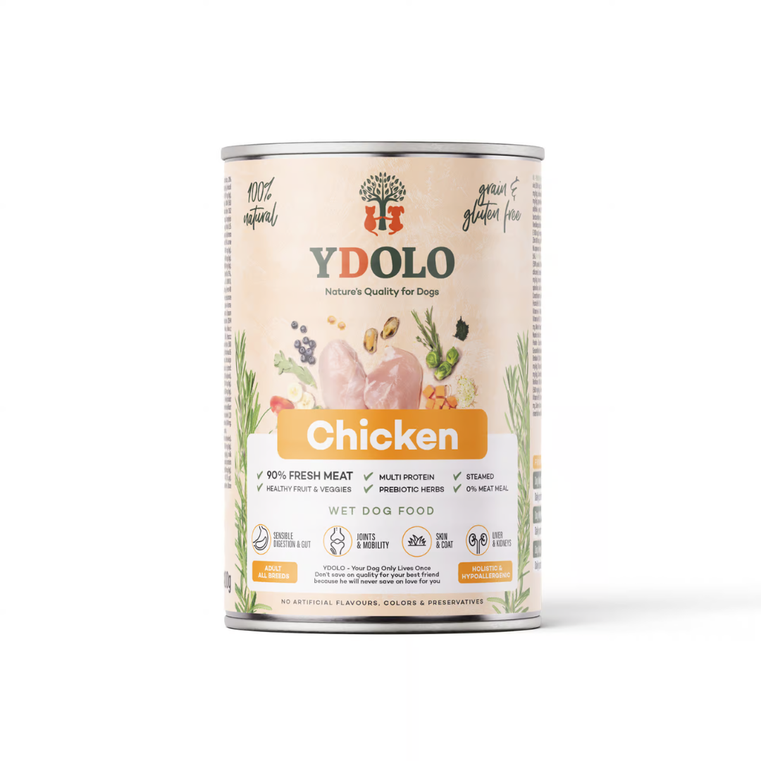 YDOLO Chicken Wet Food 400g tin against a white background.
