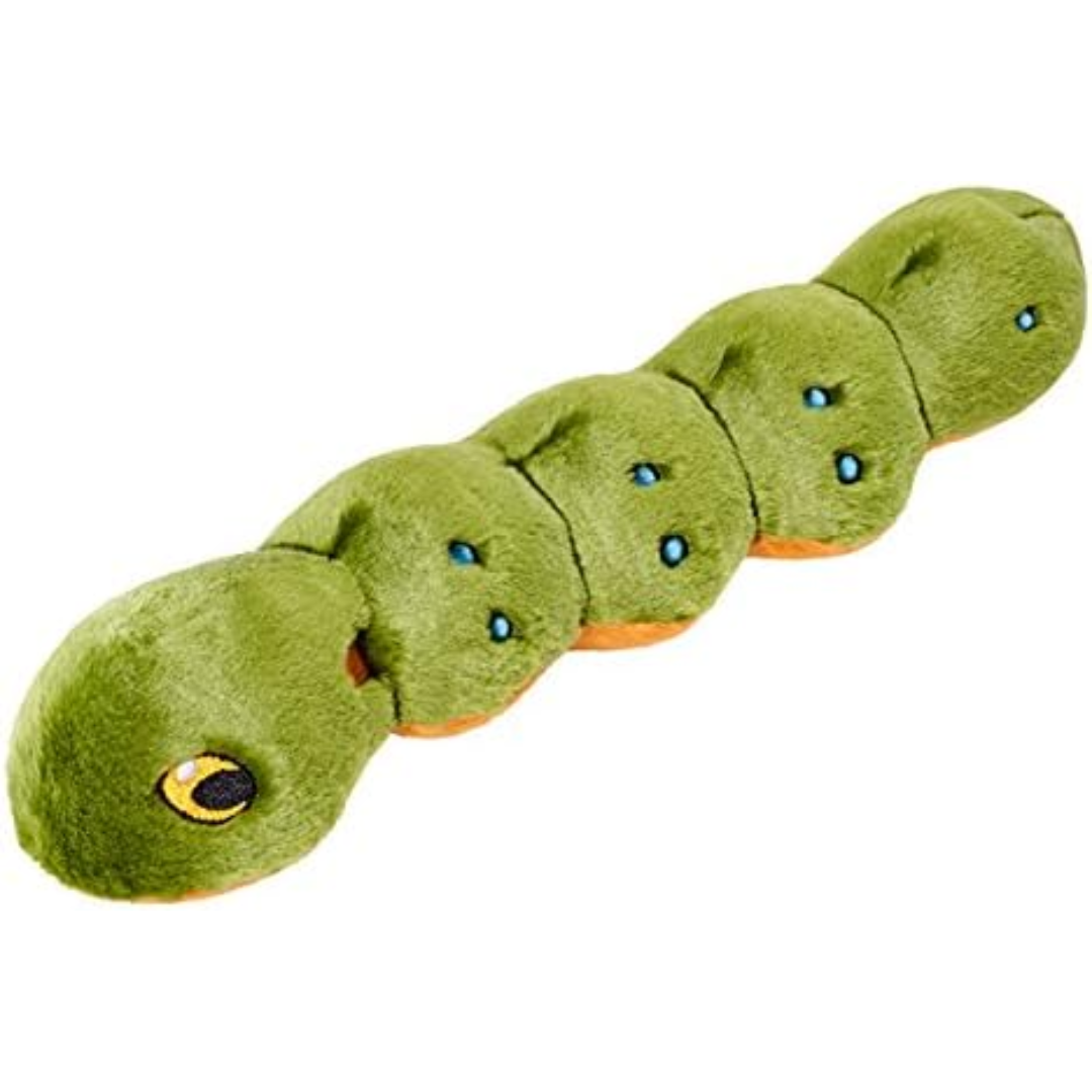 Fluff & Tuff Katie Caterpillar Plush Dog Toy against a white background. It is green in colour and has colourful stitching all over in all the details. You can see yellow peeking out from the underside.