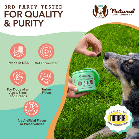 Some Key benefits of the Natural Dog Company Supplement Chews - An image of a dog being fed a chew displayed beside this.