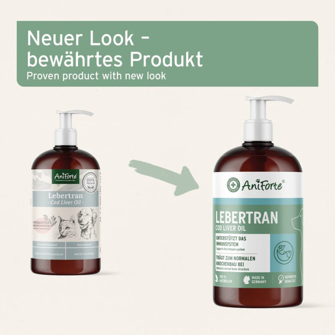 The old and new packaging for the Aniforte cod liver oil. Proven products with new look