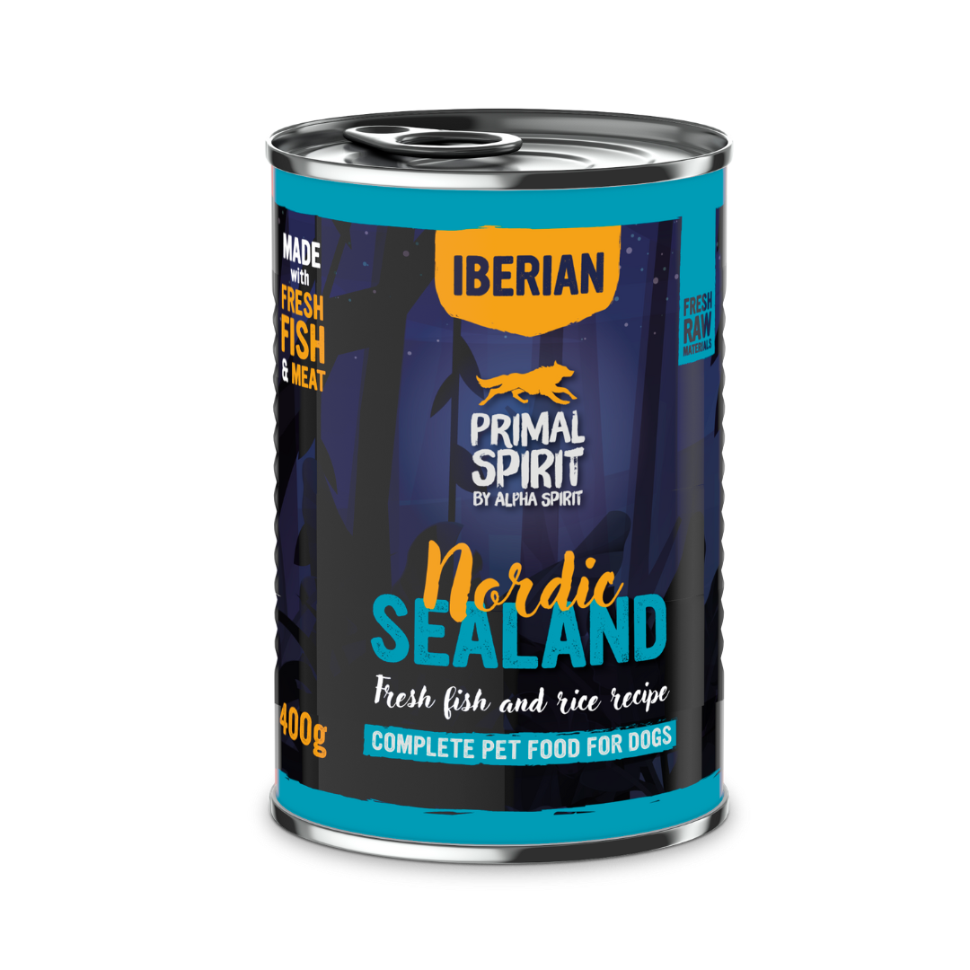 A Primal Spirit Iberian Nordic Sealand Wet Food can against a white background.