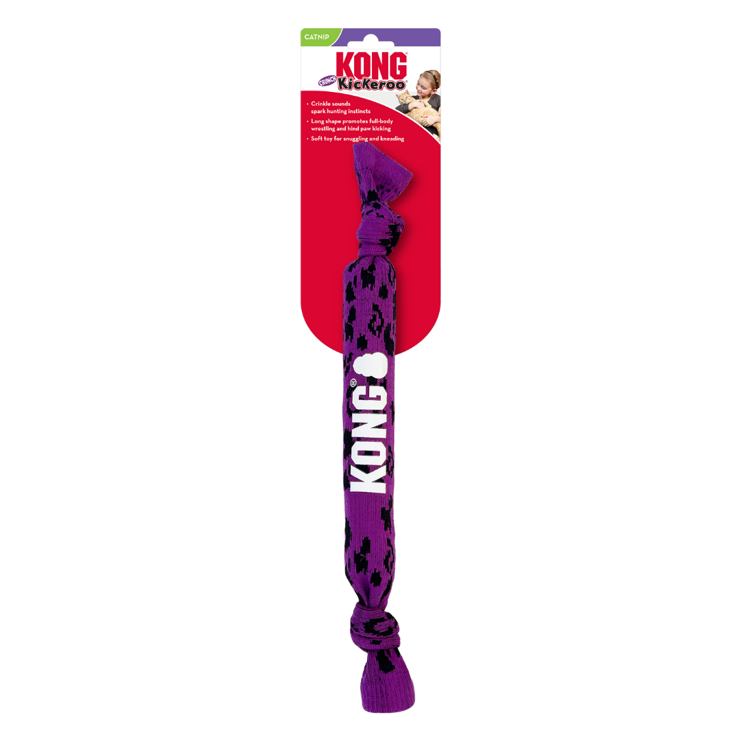 Kong Kickeroo Crunch rope for cats against a white background. It is still in it's packaging, saying it is catnip infused and makes a satisfying crunch noise.