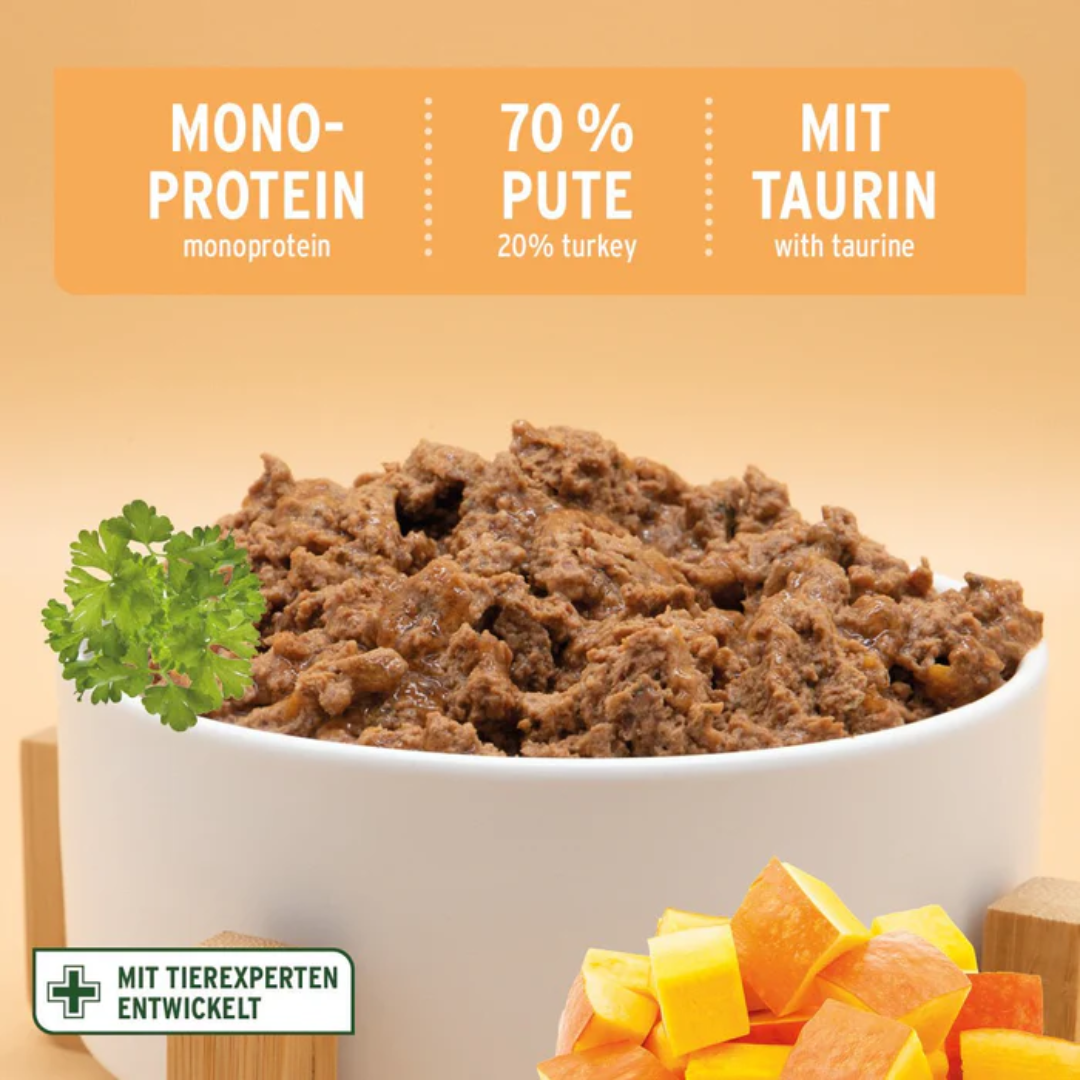 Mono protein, 70% turkey, with taurine.