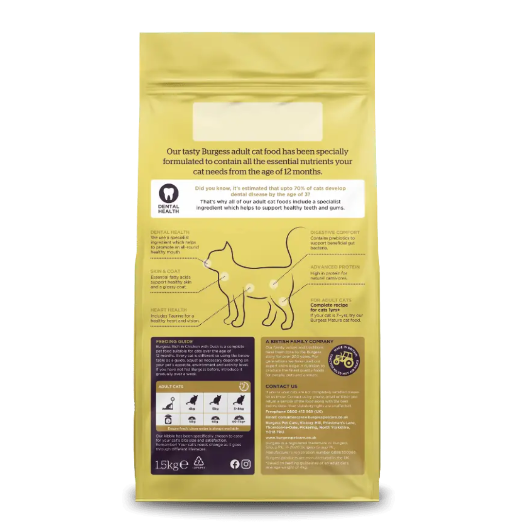 The back of the Burgess Adult Chicken & Duck Cat Food.