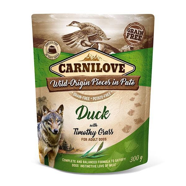 Carnilove Duck with Timothy Grass 300g pouch against a white background