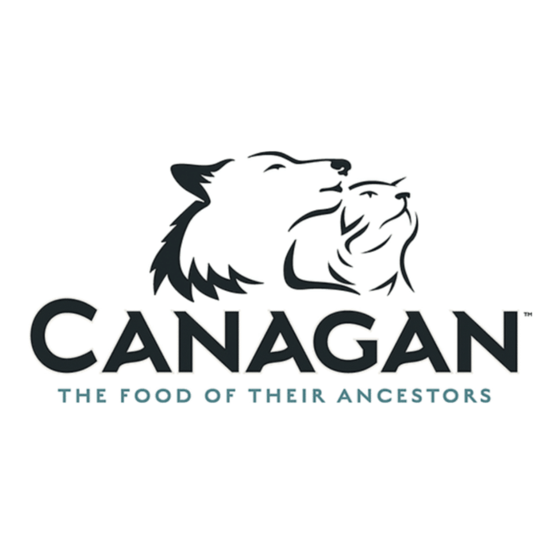 Canagan logo. "Canagan - the food of their ancestors" and an outline drawing of and dog and cat above the writing.