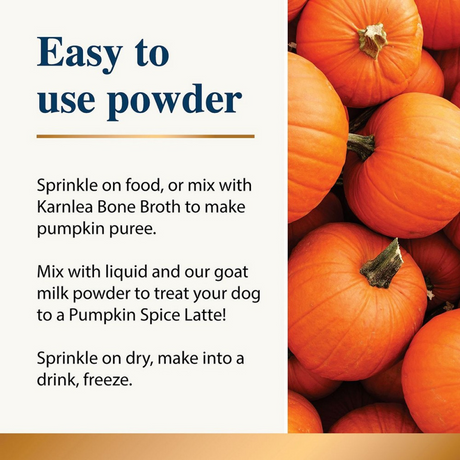 Infographic by Karnlea stating how t incorporate this product into your dog's diet. There is an image of pumpkins alongside this information.
