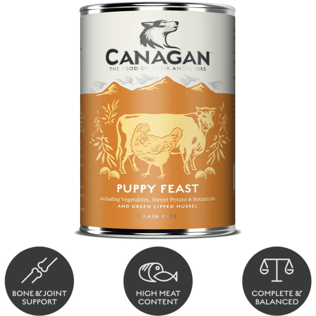 The key benefits of the Canagan Puppy Feast Wet Food 400g. These are in bubbles underneath the tin.
