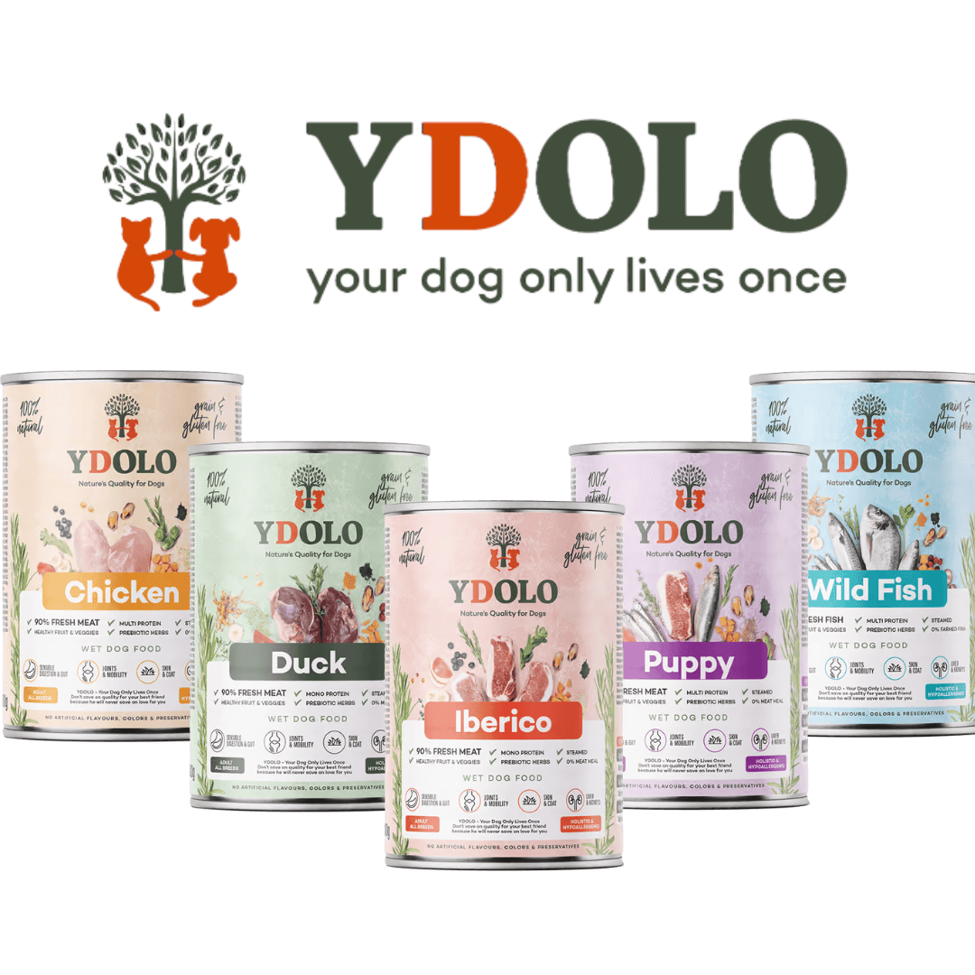 An image by YDOLO showing their new wet food range. The YDOLO logo is above the tins.
The tins include chicken, duck, iberico, puppy and wild fish.