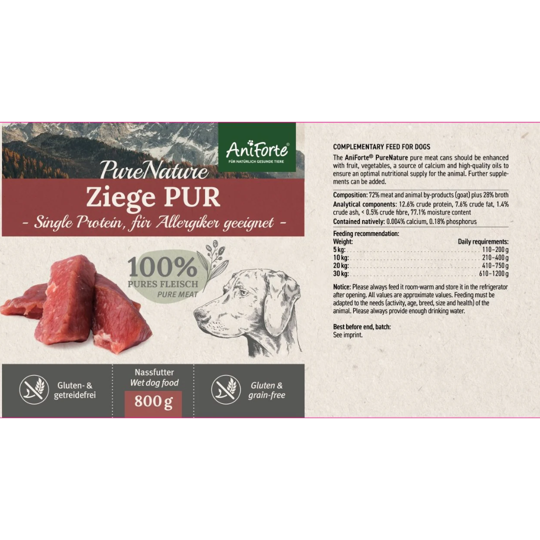 English label for AniForte PureNature Pure Goat wet food for dogs