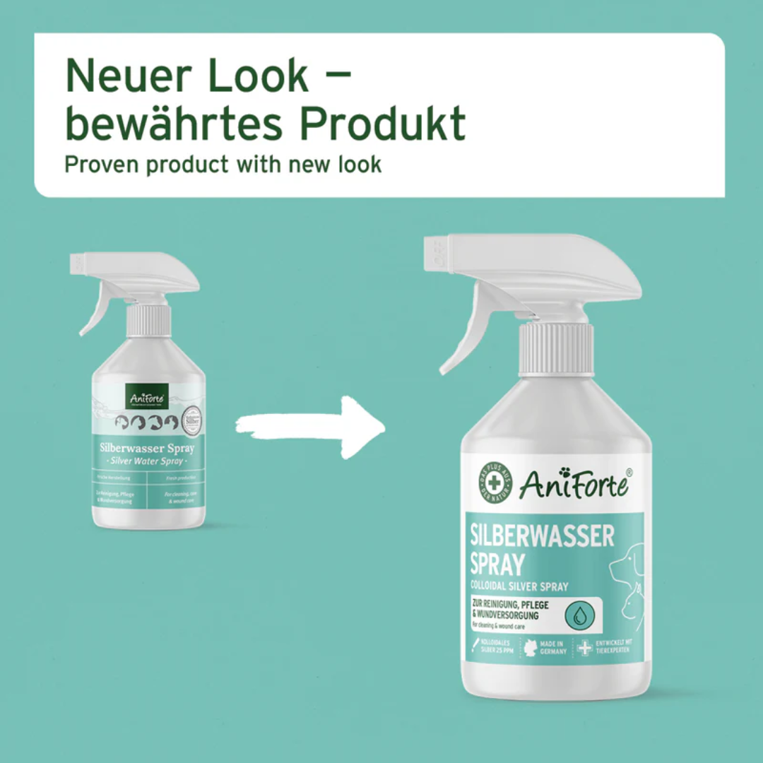 The old and new packaging for the The Aniforte Silver Water Spray