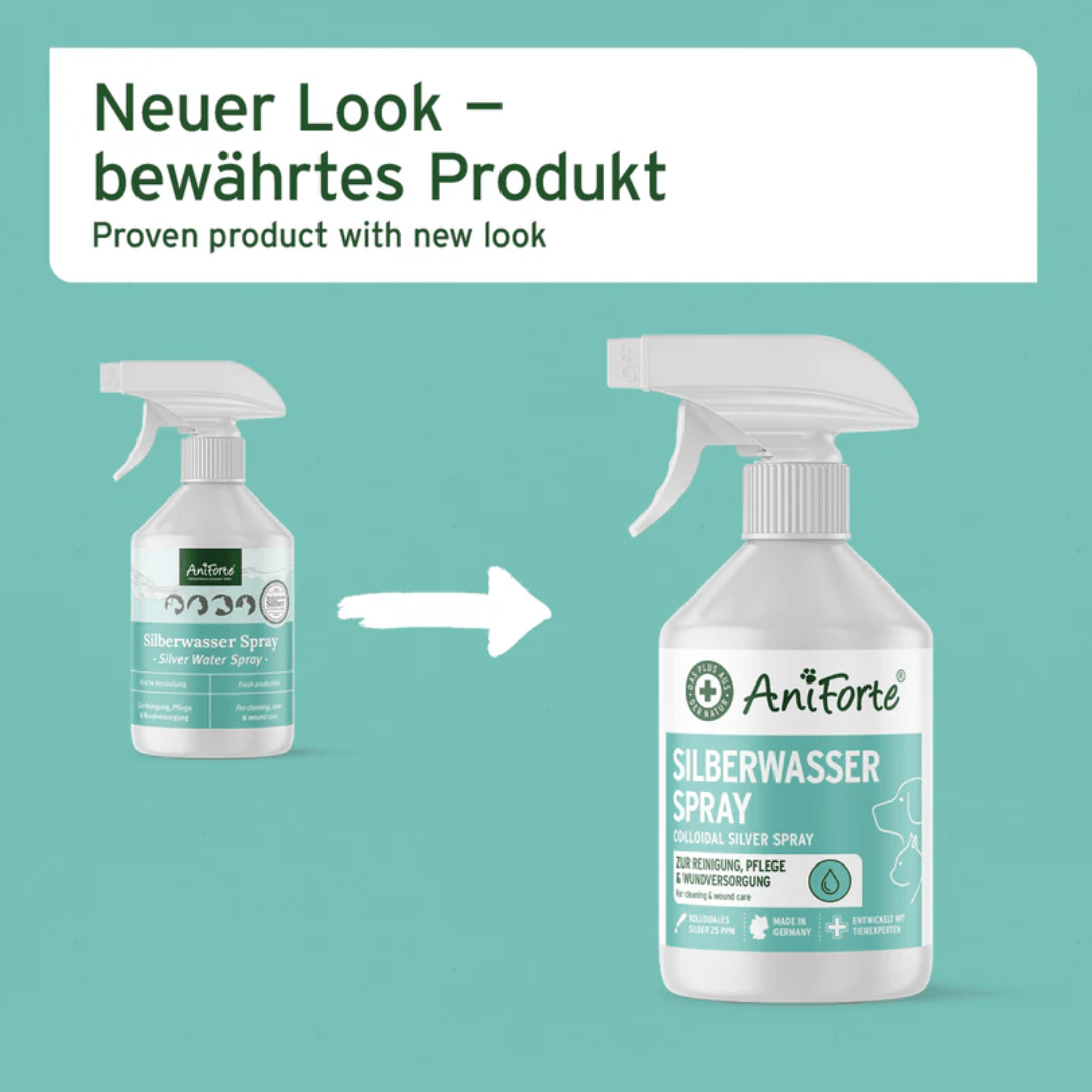 The old and new packaging for the The Aniforte Silver Water Spray