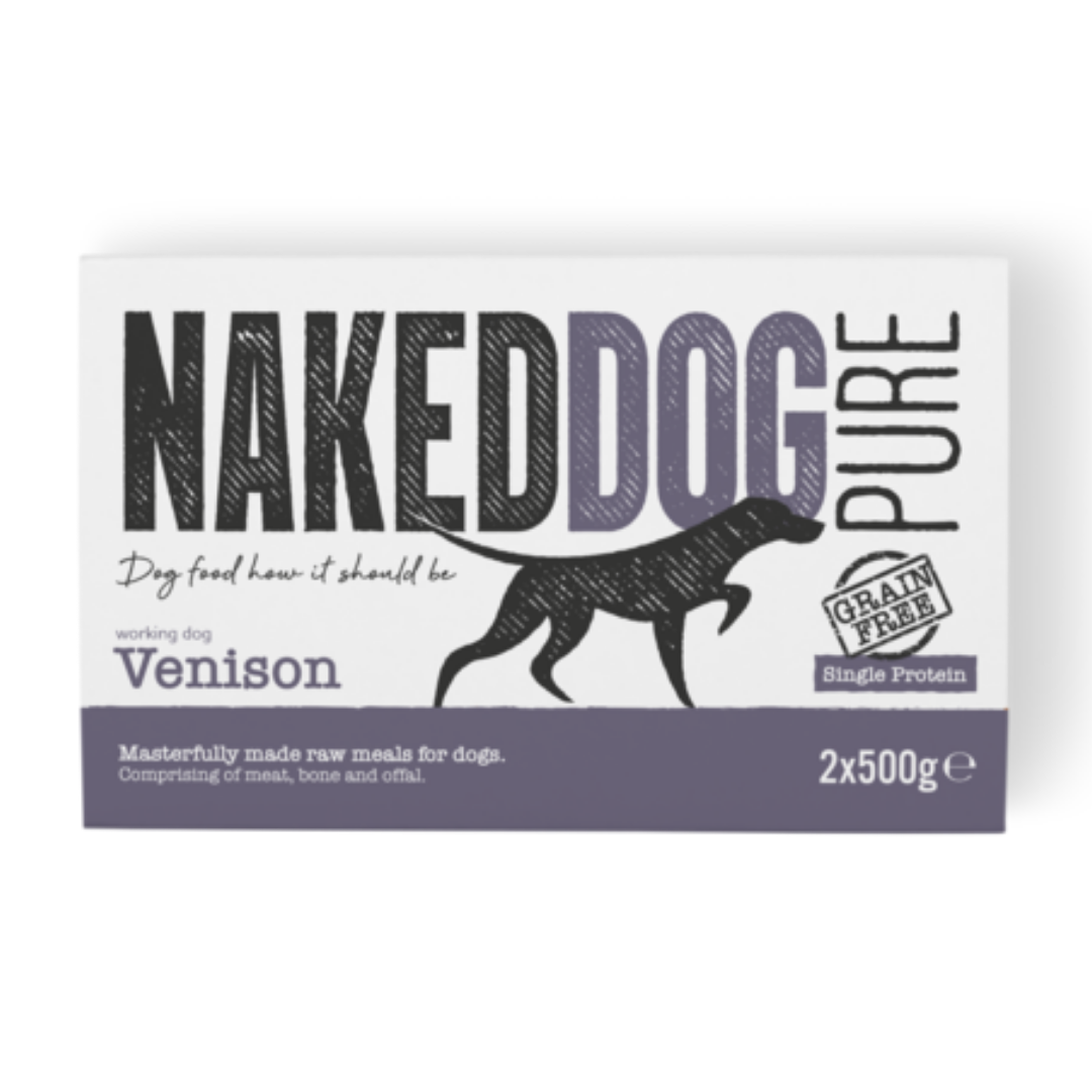 Packaging of Naked Dog Raw Pure Venison dog food showing the brand logo, product name, and additional details such as 'Single Protein', 'Grain Free', and ' Responsibly Sourced'.
