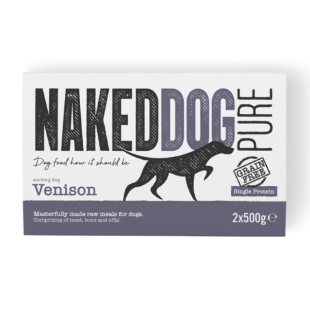 Packaging of Naked Dog Raw Pure Venison dog food showing the brand logo, product name, and additional details such as 'Single Protein', 'Grain Free', and ' Responsibly Sourced'.