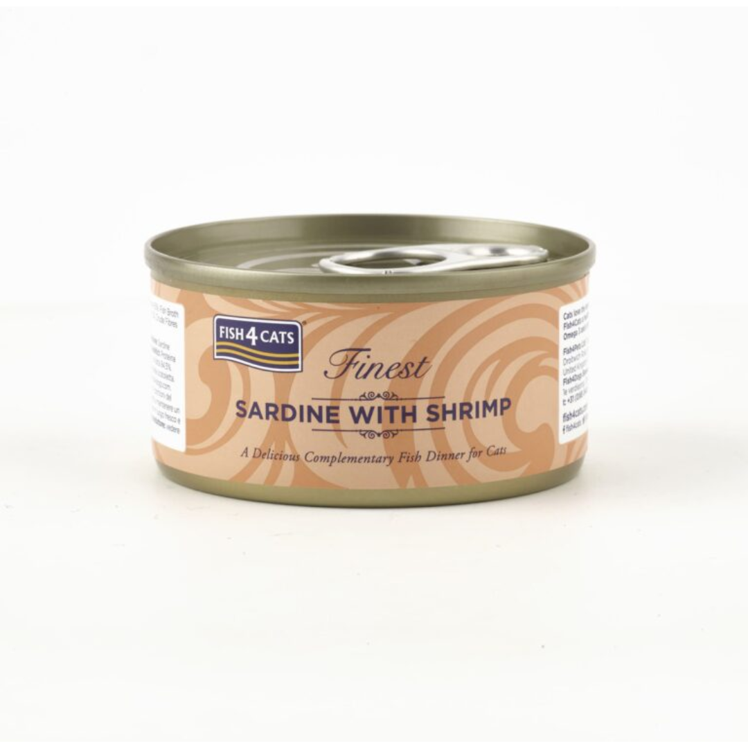 Fish 4 Cats Sardine with Shrimp 70g tin. The tin is against a white background.