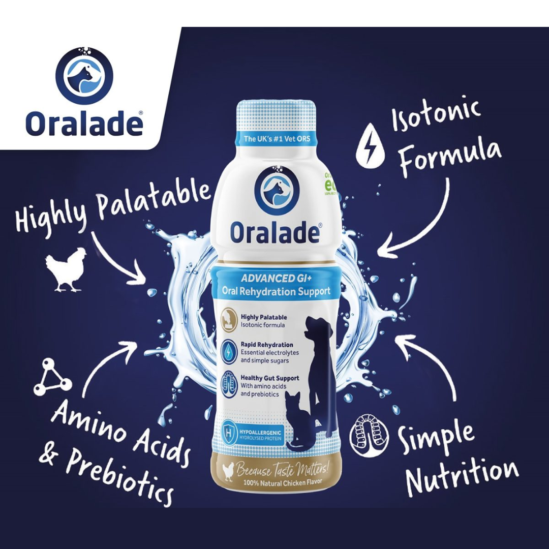 An infographic of the OraladeOralade Advanced GI+ 500ml against a white background. There is a splash of water surrounding the bottle. There are the key benefits of the product listed on it.