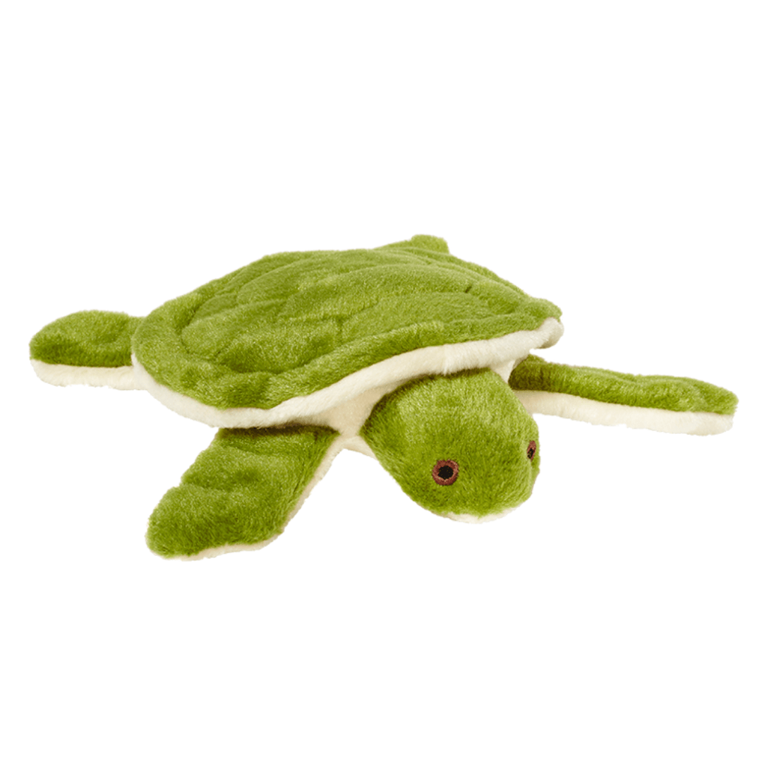The Fluff & Tuff Esmerelda Turtle Plush Dog Toy against a white background. It is green in colour with black stitching to mimic that of a turtle shell. The underside of the shell and legs are beige.