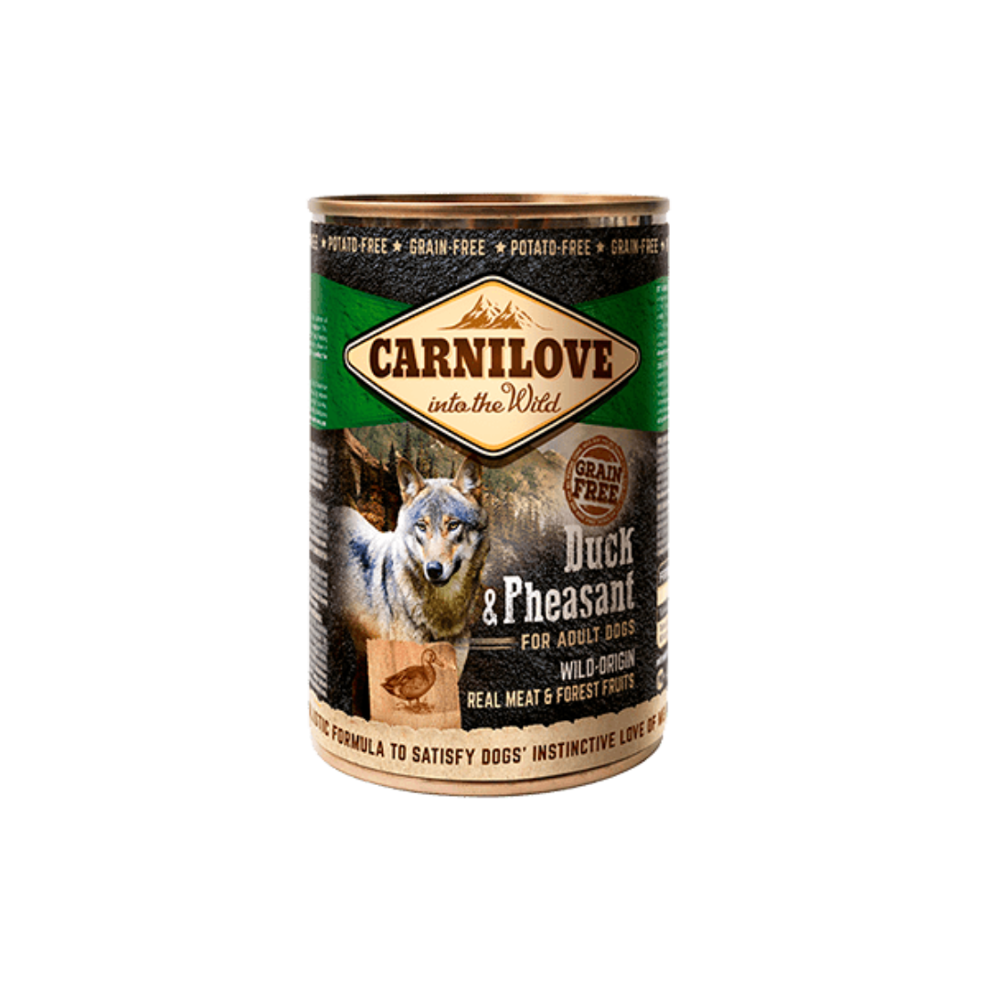 Carnilove duck& pheasant 400g tin against a white background